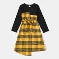 Family Matching Yellow Plaid Spliced Belted Asymmetric Hem Dresses and Long-sleeve Button Up Shirts Sets Yellow