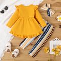 3pcs Baby Girl 95% Cotton Long-sleeve Bow Front Ruffle Trim Top and Allover Print Leggings with Headband Set TenderYellow image 2