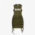 Letter Print Army Green Rib Knit Mock Neck Drawstring Ruched Bodycon Tank Dress for Mom and Me Army green