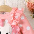 Baby Girl Allover Polka Dot Print Pink Elephant Embroidered Ruffle Trim Bow Front Long-sleeve Jumpsuit Pink