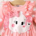 Baby Girl Allover Polka Dot Print Pink Elephant Embroidered Ruffle Trim Bow Front Long-sleeve Jumpsuit Pink