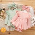 2pcs Baby Girl Solid Rib Knit Spliced Lace Long-sleeve Romper with Headband Set Pink image 2