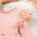 2pcs Baby Girl Solid Rib Knit Spliced Lace Long-sleeve Romper with Headband Set Pink image 5