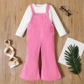 2pcs Toddler Girl Long-sleeve White Tee and Button Design Pink Flared Overalls Set Pink image 1