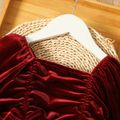 Toddler Girl Bowknot Design Square Neck Ruched Long-sleeve Velvet Red Dress MAROON image 3