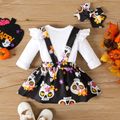 Halloween 3pcs Baby Girl 95% Cotton Ruffle Trim Long-sleeve Graphic Romper and Allover Print Suspender Skirt with Headband Set White