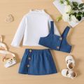 3pcs Baby Girl 100% Cotton Denim Vest and Skirt with Long-sleeve Rib Knit Mock Neck Top Set MultiColour