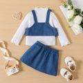 3pcs Baby Girl 100% Cotton Denim Vest and Skirt with Long-sleeve Rib Knit Mock Neck Top Set MultiColour