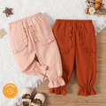 100% Cotton Baby Girl Solid Ruffle Trim Slant Pocket Harem Pants Brown image 2