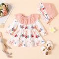 2pcs Baby Girl Ruffle Collar Floral Print Long-sleeve Dress with Hat Set Color block image 1