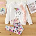 2pcs Kid Girl Animal Unicorn Print Tassel Fleece Sweatshirt and Floral Print Leggings Set White