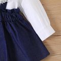 2pcs Baby Girl 100% Cotton Long-sleeve Layered Mesh Statement Collar Top and Imitation Denim Suspender Skirt Set White