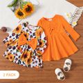 2-Pack Baby Girl Long-sleeve Solid Rib Knit and Allover Sunflower & Leopard Print Dresses Set MultiColour image 1