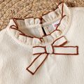 2pcs Kid Girl Preppy style Ruffle Collar Bowknot Design Long-sleeve Blouse and Plaid Pleated Skirt Set Beige image 3