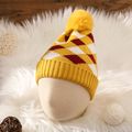 Baby Big Pom Pom Decor Plaid Knit Beanie Hat Yellow