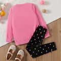2pcs Kid Girl Character Print 3D Bowknot Design Pink Sweatshirt and Polka dots Leggings Set Pink