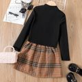 2pcs Kid Girl Mock Neck Long-sleeve Black Tee and Plaid Blend Skirt Set Black