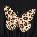 3pcs Kid Girl Butterfly Print Irregular Hem Long-sleeve Tee & Leopard Print Leggings and Scarf Set Black