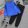 2pcs Kid Boy Letter Embroidered Pullover Sweatshirt and Colorblock Pants Set Blue