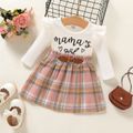 Baby Girl 95% Cotton Ruffle Long-sleeve Letter Print Spliced Plaid Dress Pink