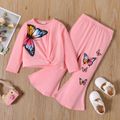 2-piece Toddler Girl Butterfly Print Long-sleeve Pullover Top and Bellbottom Pants Pink Set pink image 1