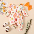 2pcs Baby Girl Allover Print Ruffle Bowknot Long-sleeve Jumpsuit with Headband Set Brown