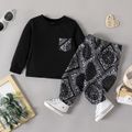 2pcs Baby Boy Long-sleeve Sweatshirt and Allover Boho Print Sweatpants Set Black image 1