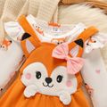 3pcs Baby Girl Allover Fox Print Ruffle Trim Long-sleeve Romper and Overall Dress with Headband Set Orange image 4