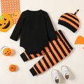 Halloween 3pcs Baby Boy Ghost & Letter Print Long-sleeve Romper and Striped Pants with Hat Set Black image 2