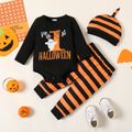 Halloween 3pcs Baby Boy Ghost & Letter Print Long-sleeve Romper and Striped Pants with Hat Set Black