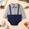 Baby Boy 95% Cotton Long-sleeve Bow Tie Decor Button Front Colorblock Spliced Romper Deep Blue image 1
