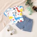 2pcs Baby Boy/Girl 100% Cotton Ripped Denim Shorts and Cartoon Dinosaur Print Short-sleeve T-shirt Set Colorful