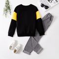 2pcs Kid Boy Letter Print Colorblock Pullover Sweatshirt and Denim Jeans Set Black