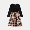 Mommy and Me Solid Spliced Leopard Print Button Front Long-sleeve Midi Dress ColorBlock image 3