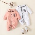 Baby Letter Embroidery Lapel Collar Long-sleeve Pink or White Pajamas Jumpsuit White image 2