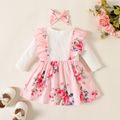 Baby Girl 2pcs Ribbed Faux-two Floral Splice Ruffle and Bow Decor Long-sleeve Pink Dress with Headband Set Pink