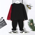 2pcs Kid Boy Colorblock Letter Print Pullover Sweatshirt and Pants Set redblack image 5