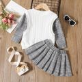 2pcs Toddler Girl Faux-two Plaid Textured Sweater and Pleated Skirt Set Grey image 2