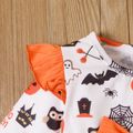 Halloween 3pcs Baby Girl Allover Pumpkin Print Ruffle Trim Bow Front Long-sleeve Top and Solid Rib Knit Leggings with Headband Set Orange
