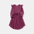 Family Matching Long-sleeve Button Front Solid Drawstring Dresses and Striped T-shirts Sets Redpurple