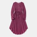 Family Matching Long-sleeve Button Front Solid Drawstring Dresses and Striped T-shirts Sets Redpurple image 2