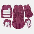 Family Matching Long-sleeve Button Front Solid Drawstring Dresses and Striped T-shirts Sets Redpurple