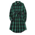 Family Matching Long-sleeve Dark Green Plaid Shirts and Belted Dresses Sets Dark Green
