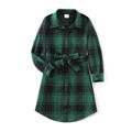 Family Matching Long-sleeve Dark Green Plaid Shirts and Belted Dresses Sets Dark Green image 5