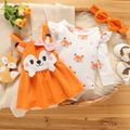 3pcs Baby Girl Allover Fox Print Ruffle Trim Long-sleeve Romper and Overall Dress with Headband Set Orange image 3