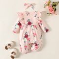 Baby Girl 2pcs Floral Ruffle Decor Long-sleeve Pink Jumpsuit with Headband Set Light Pink