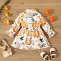 Halloween Baby Girl Rib Knit Spliced Allover Pumpkin Print Long-sleeve Dress orangewhite