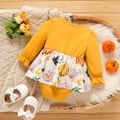 Thanksgiving Day Baby Girl Letter & Pumpkin Print Spliced Bow Front Long-sleeve Romper Yellow image 2