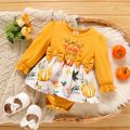 Thanksgiving Day Baby Girl Letter & Pumpkin Print Spliced Bow Front Long-sleeve Romper Yellow image 1