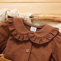 2pcs Baby Girl 100% Cotton Long-sleeve Ruffle Collar Button Front Top and Belted Skirt Set Brown image 3